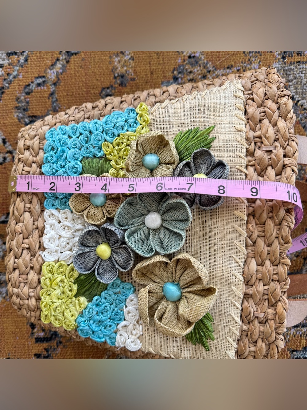 Handcrafted Floral Straw Tote Bag in Natural, Turquoise & Olive - Picture 8 of 10